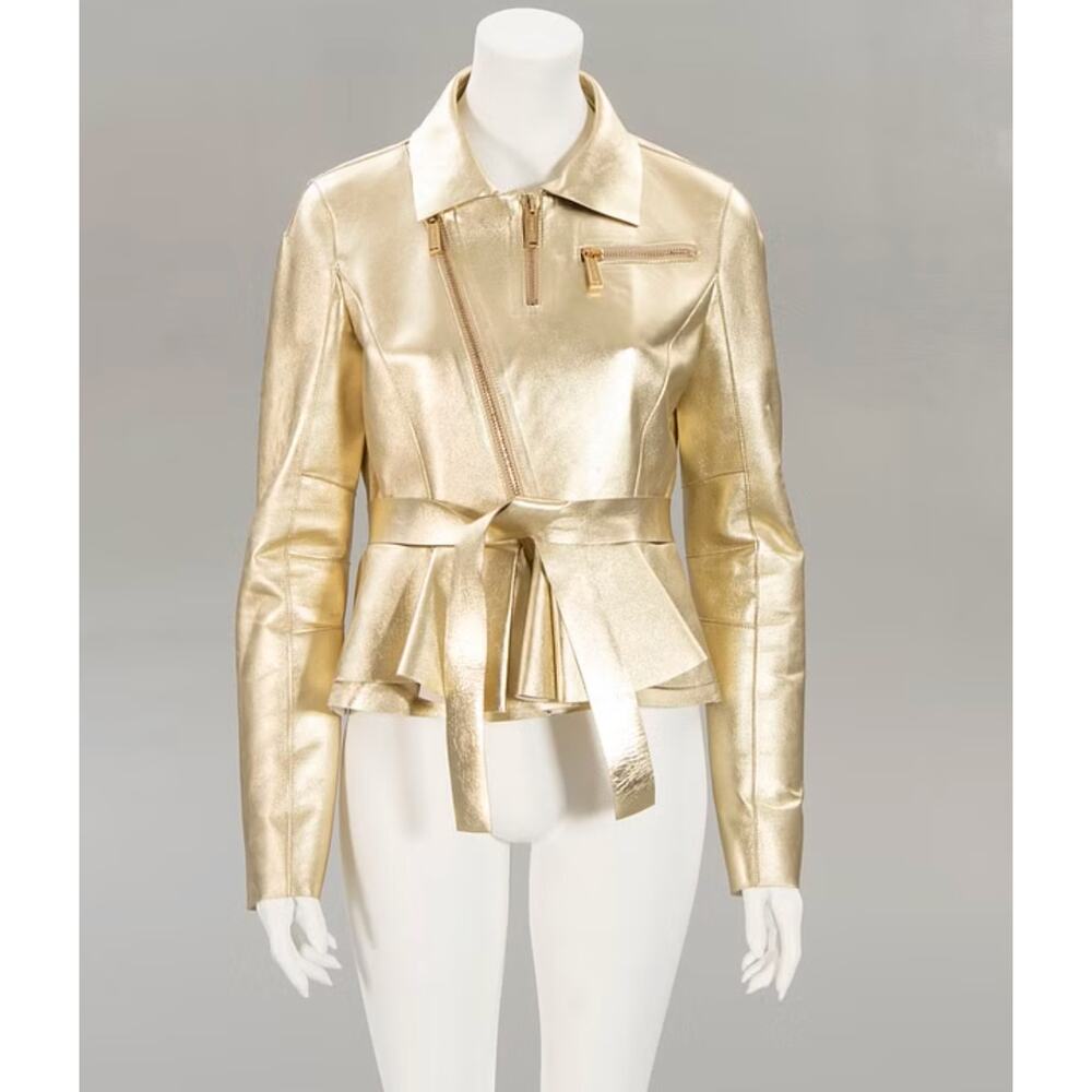 Dsquared2 Jacket 40 Metallic Gold Leather Belted Moto Biker Designer Luxury Chic